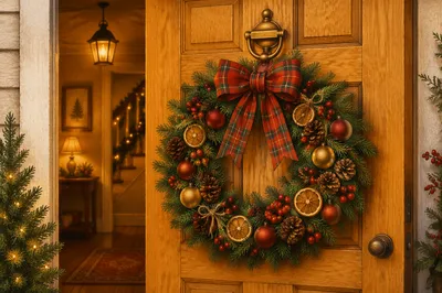 Christmas Wreath on Honey Wooden Door