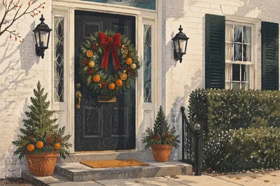 Christmas Wreath on White Brick Townhouse Door
