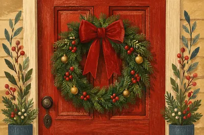Christmas Wreath on Red Wooden Door