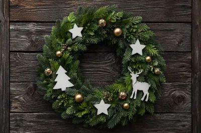 Christmas Wreath on Rustic Wooden Door