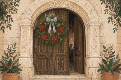 Christmas Wreath on Rustic Wooden Door