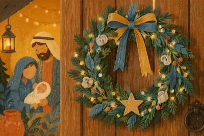Festive Christmas Wreath on Rustic Wooden Door