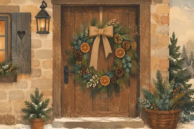Rustic Christmas Wreath on Cottage Door