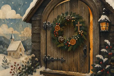 Christmas Wreath on Weathered Chapel Door