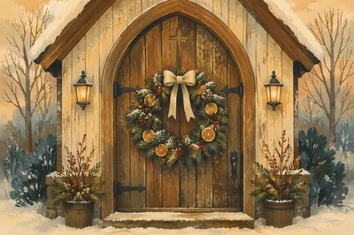 Christmas Wreath on Rustic Chapel Door
