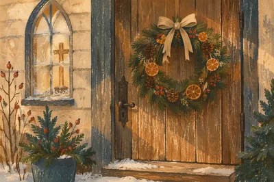 Christmas Wreath on Weathered Chapel Door