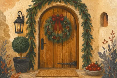 Rustic Christmas Wreath on Arched Wooden Door
