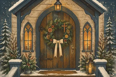Christmas Wreath on Weathered Chapel Door
