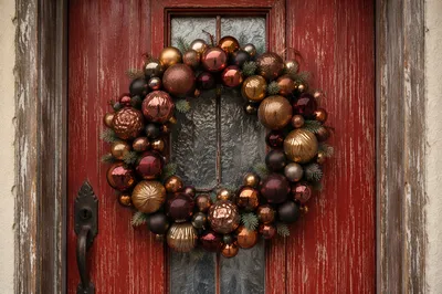 Christmas Bauble Wreath on Rustic Red Door