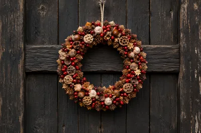 Rustic Christmas Wreath on Weathered Wooden Door