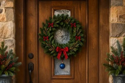 Christmas Wreath on Rustic Wooden Door