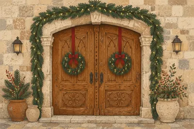 Christmas Wreaths on Rustic Wooden Door