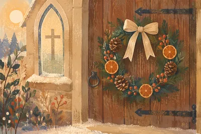 Christmas Wreath on Rustic Chapel Door