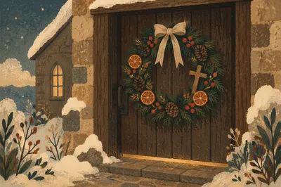Christmas Wreath on Weathered Chapel Door