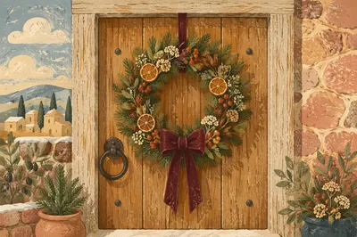 Rustic Christmas Wreath on Weathered Wooden Door