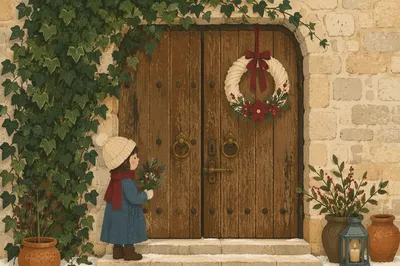 Rustic Wooden Door with Christmas Wreath