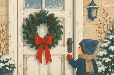 Christmas Wreath on Weathered Wooden Door