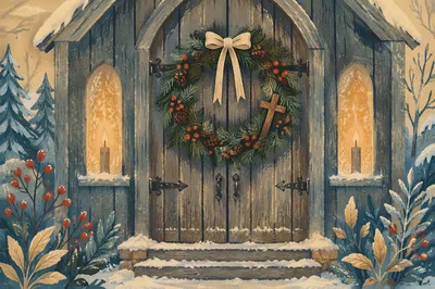 Christmas Wreath on Weathered Chapel Door