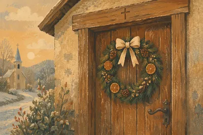 Christmas Wreath on Countryside Chapel Door