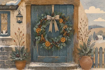Handmade Christmas Wreath on Rustic Door