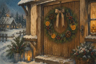 Rustic Christmas Wreath on Cottage Door