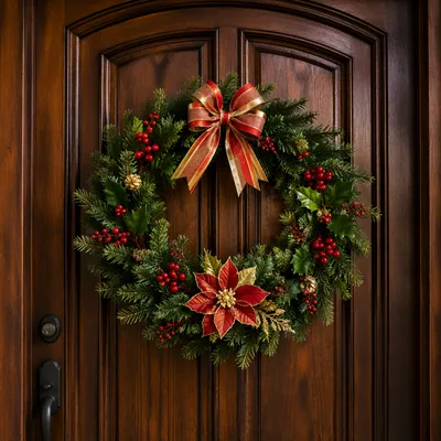 Christmas Wreath on Dark Wooden Door
