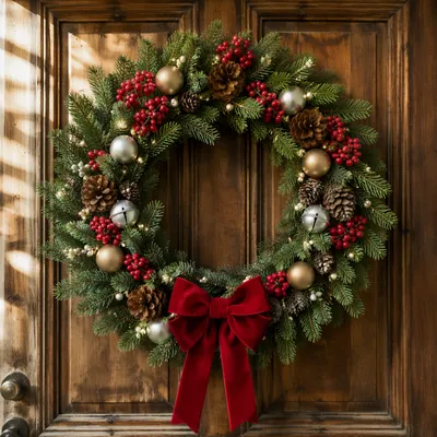 Christmas Wreath on Rustic Wooden Door