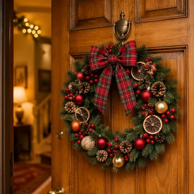 Christmas Wreath on Warm Wooden Door