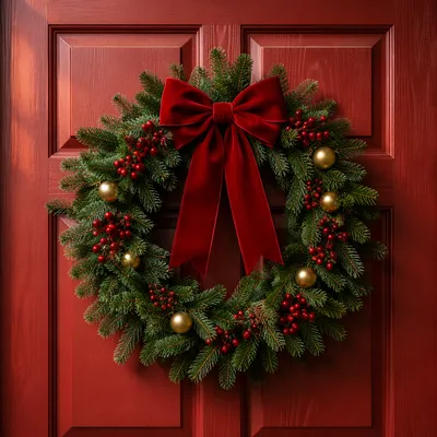 Classic Christmas Wreath on Red Wooden Door