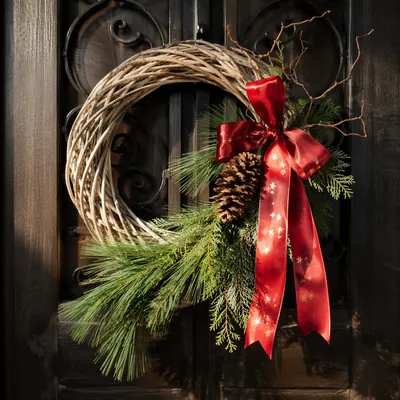 Rustic Christmas Wreath on Wooden Door