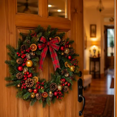 Festive Christmas Wreath on Wooden Door