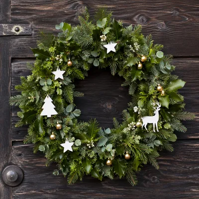 Christmas Wreath on Rustic Wooden Door