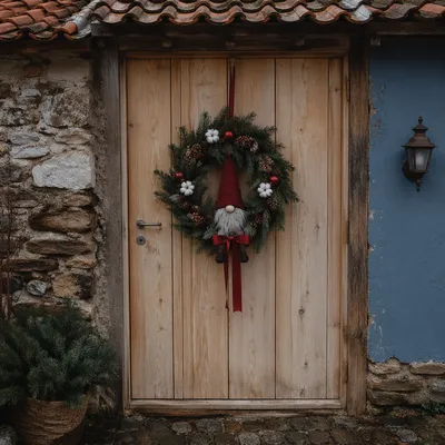 Christmas Wreath on Rustic Wooden Door