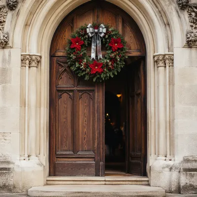 Christmas Wreath on Rustic Wooden Door