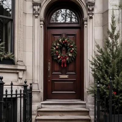 Christmas Wreath on Classic Wooden Door