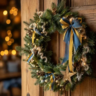 Christmas Wreath on Rustic Wooden Door
