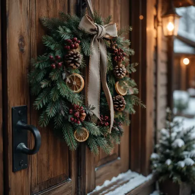 Rustic Christmas Wreath on Wooden Door
