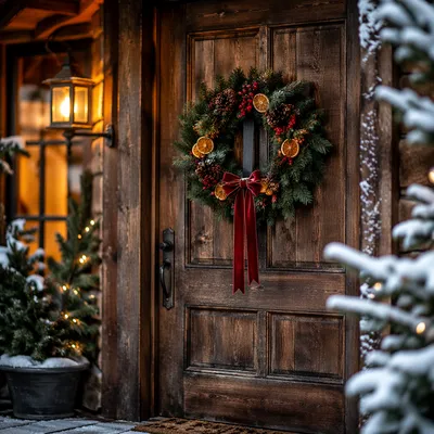 Christmas Wreath on Rustic Wooden Door