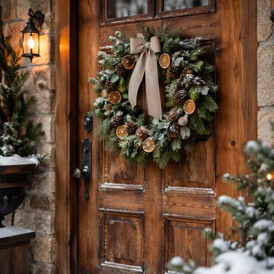 Christmas Wreath on Rustic Wooden Door