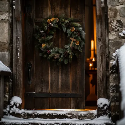 Christmas Wreath on Rustic Chapel Door