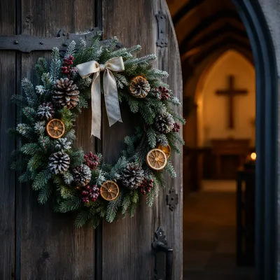 Christmas Wreath on Weathered Chapel Door