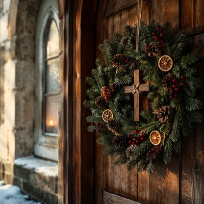 Christmas Wreath on Weathered Chapel Door