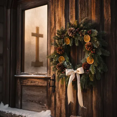 Christmas Wreath on Rustic Chapel Door