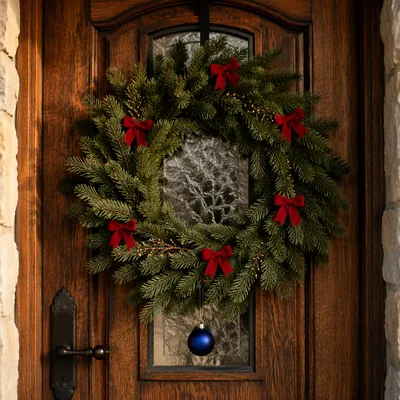Festive Christmas Wreath on Wooden Door