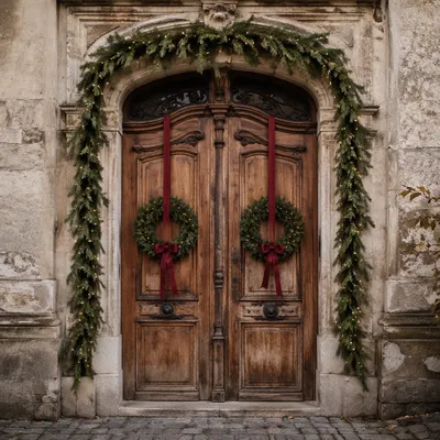Christmas Wreaths on Rustic Wooden Door
