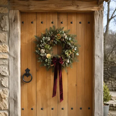 Rustic Christmas Wreath on Wooden Door