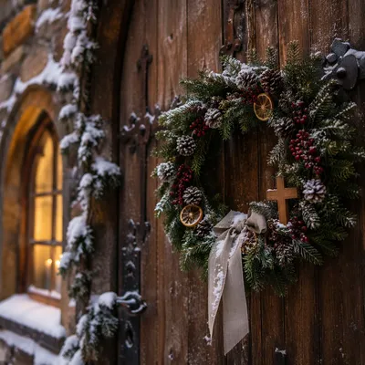 Christmas Wreath on Rustic Chapel Door