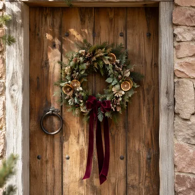 Rustic Christmas Wreath on Wooden Door