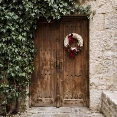 Rustic Door with Christmas Wreath