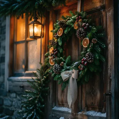 Rustic Christmas Wreath on Wooden Cottage Door
